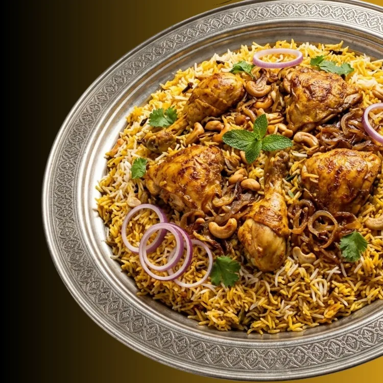 Chicken biryani with cashews, fried onion and mint on an engraved silver platter
