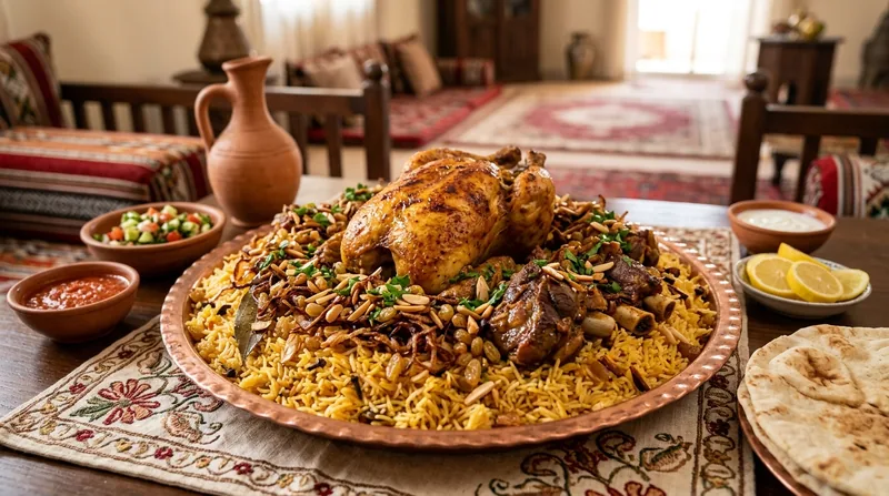 Mandi rice topped with slow-roasted chicken